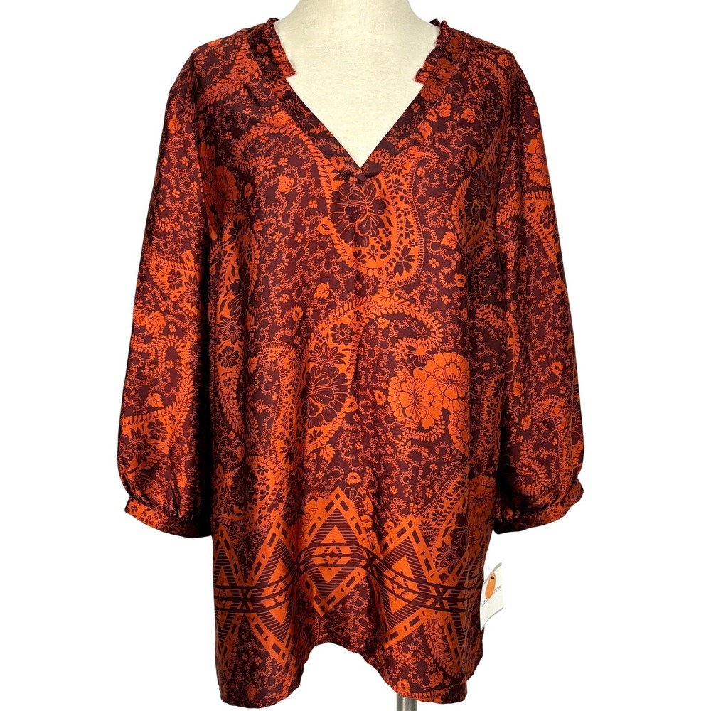 Liz Claiborne XL Midnight Caravan Paprika‎ Border Boho Blouse NWT